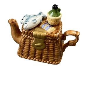 World Bazaars Fishing Creel Basket Ceramic Mini Teapot Fish Bottle Novelty Decor